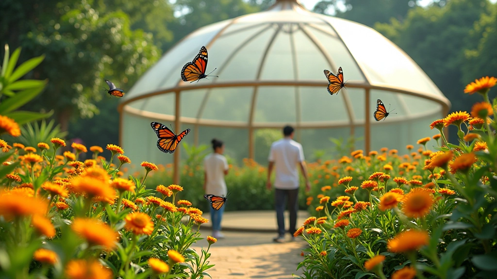 Pabellón de mariposas con estructura de vidrio y plantas verdes en el interior iluminado por luz natural