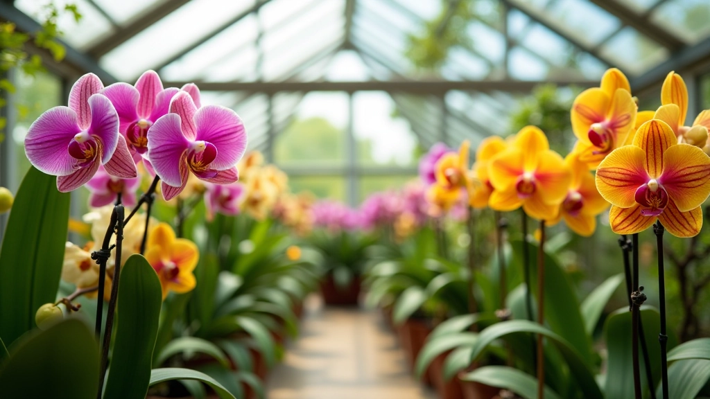 Colección de orquídeas coloridas de diferentes variedades en macetas de cerámica