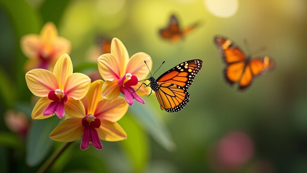 Colección de mariposas coloridas volando en el mariposario con flores de fondo