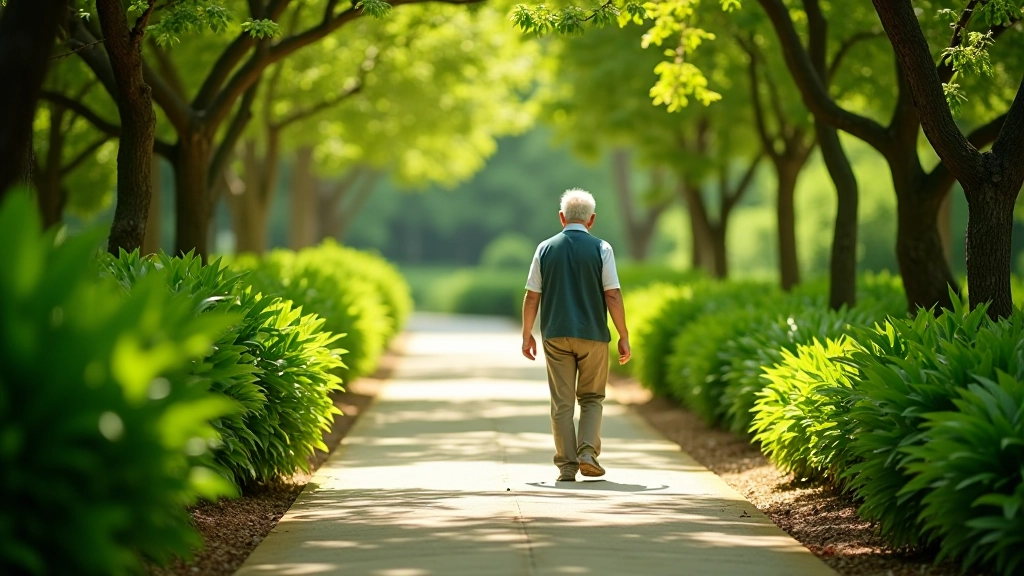 Persona mayor disfrutando de un paseo tranquilo por senderos sombreados del jardín botánico, con luz natural filtrada entre las hojas